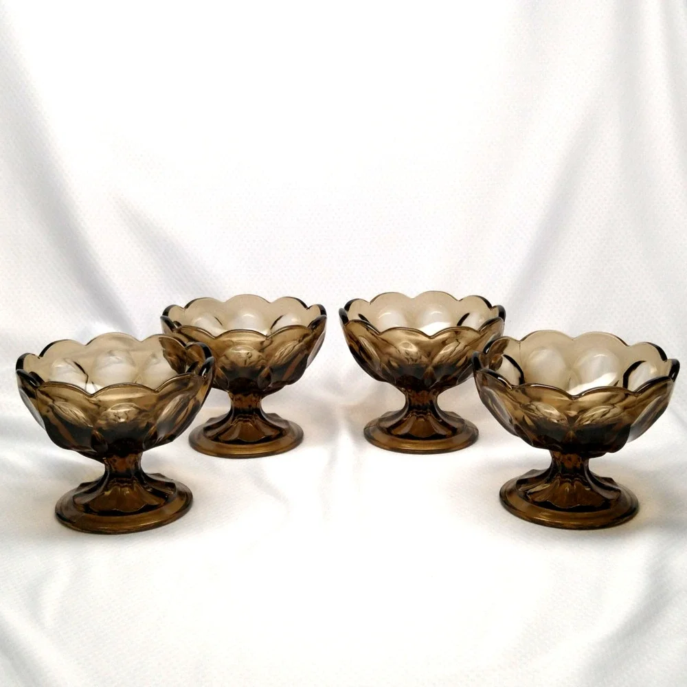 Anchor Hocking Fairfield Smoky Brown Glass Dessert Bowls Pedestal Set of 4 -CHIP